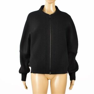 Jil Sander Dolman Knit Sleeve Zip-Up Melton Black Wool Silk Liner Bomber Jacket